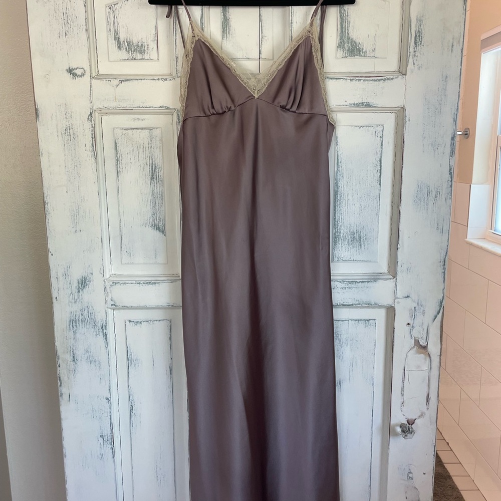 ZARA Satin Lace Slip Dress Size S Taupe Brown Midi Nightgown Style
